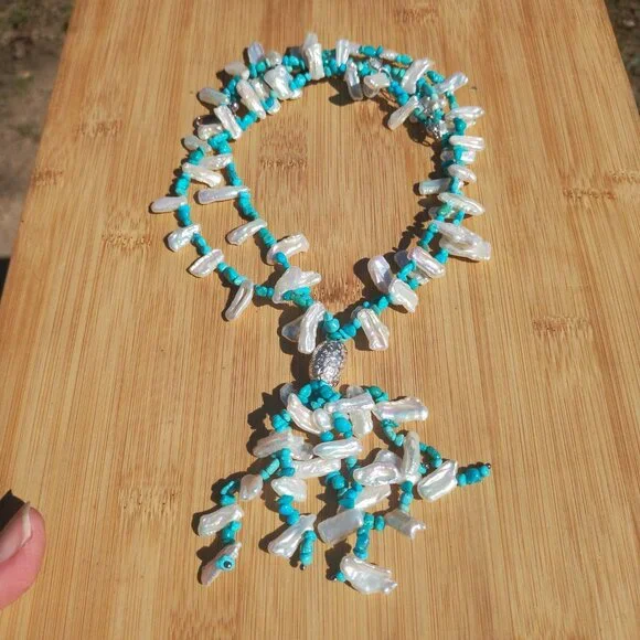 Jay King DTR mine finds Turquoise Keshi Pearl Tassel Necklace 925 Sterling Silve - Picture 5 of 12